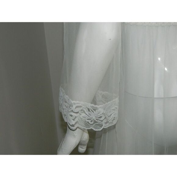 Miss Elaine Robe White Sheer‎ Blue Drawstring  Lace  Neck Ruffle Peignoir Small - Picture 6 of 13